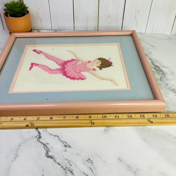 Framed Cross Stitch Pink Ballerina Dancer Tutu Nursery Bedroom 15 x 12 - Picture 5 of 6